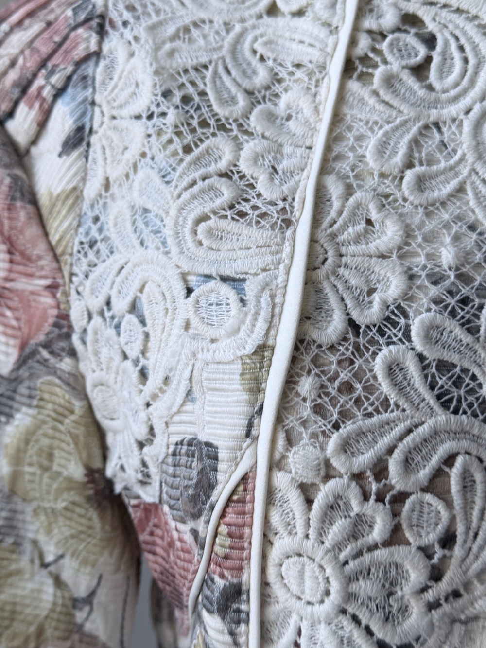 Vintage Tapestry Floral Lace Panel Zip Front Jacket — Cream, Blush & Sage - Picture 8 of 12